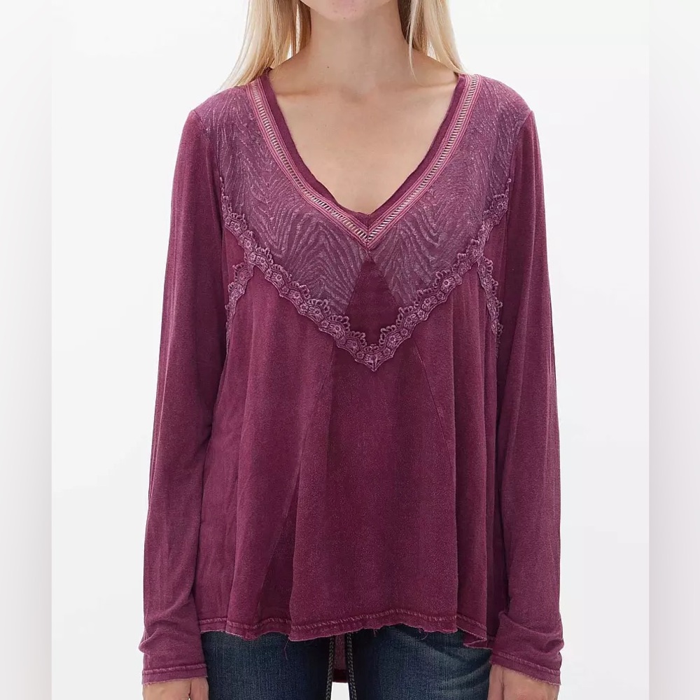 Long Sleeve Boho Layering V Neck Raw Hem Crochet Detail Gimmicks BKE Red Purple